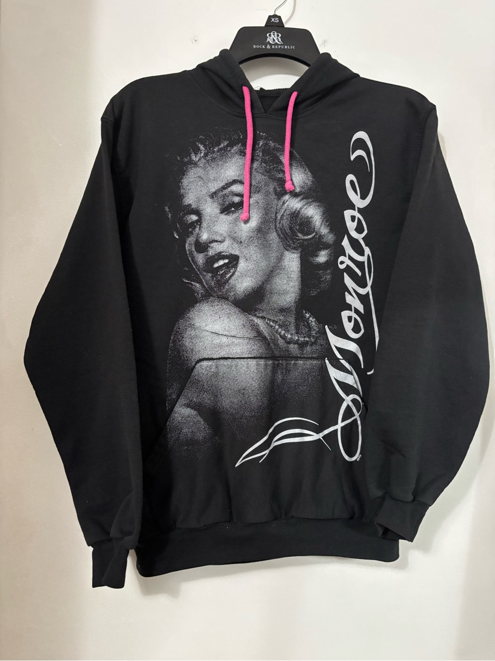 Black Graphic Hoodie with Pink Drawstrings